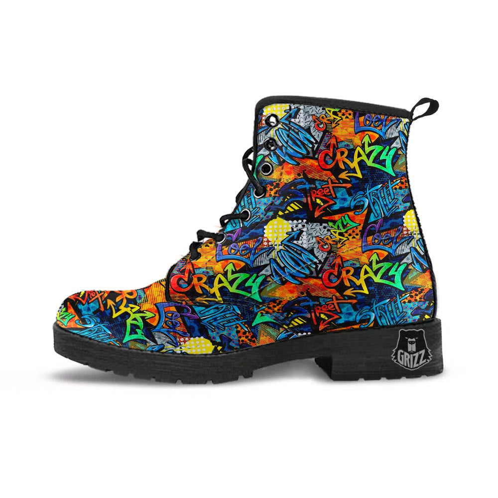 Graffiti Retro Print Pattern Leather Boots-grizzshop