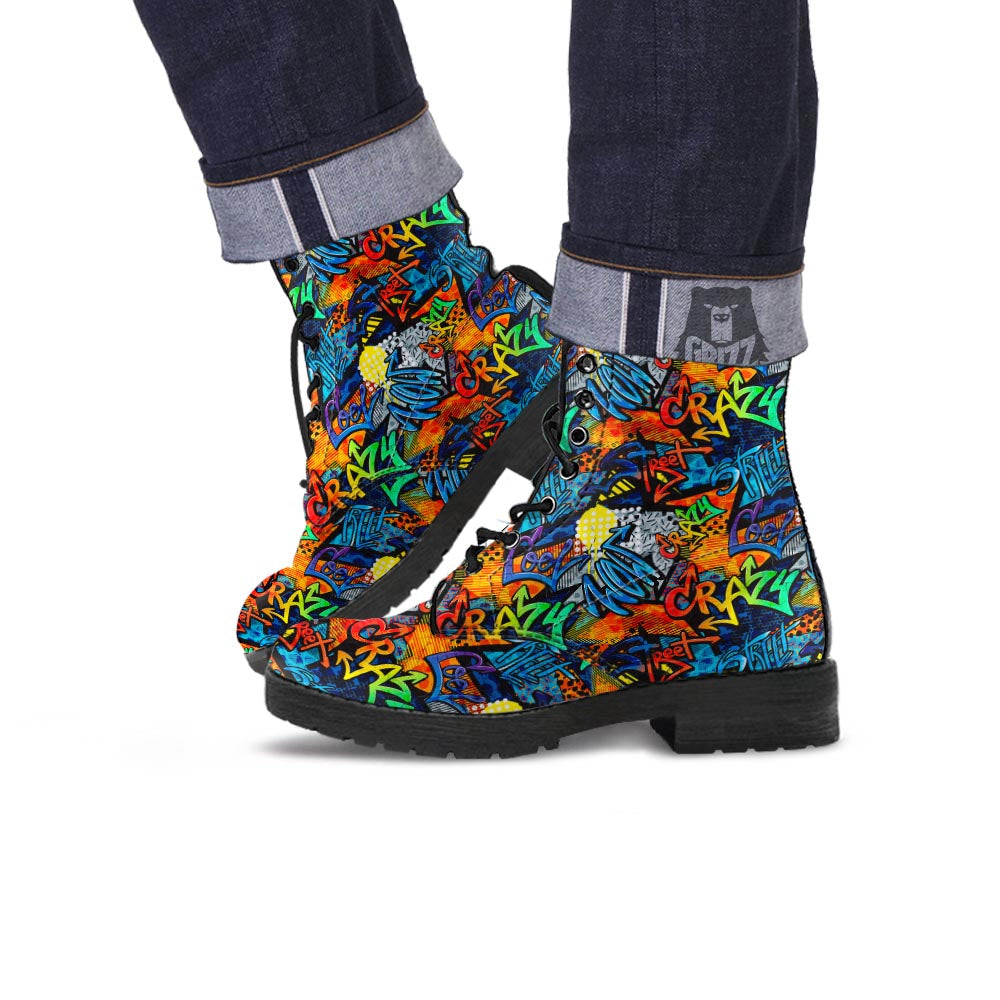 Graffiti Retro Print Pattern Leather Boots-grizzshop