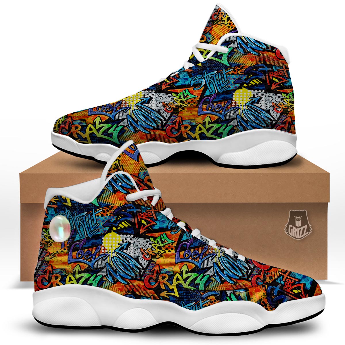 Graffiti Retro Print Pattern White Basketball Shoes-grizzshop