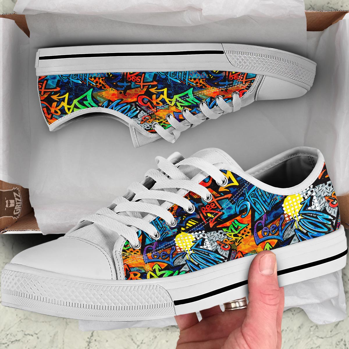 Graffiti Retro Print Pattern White Low Top Shoes-grizzshop