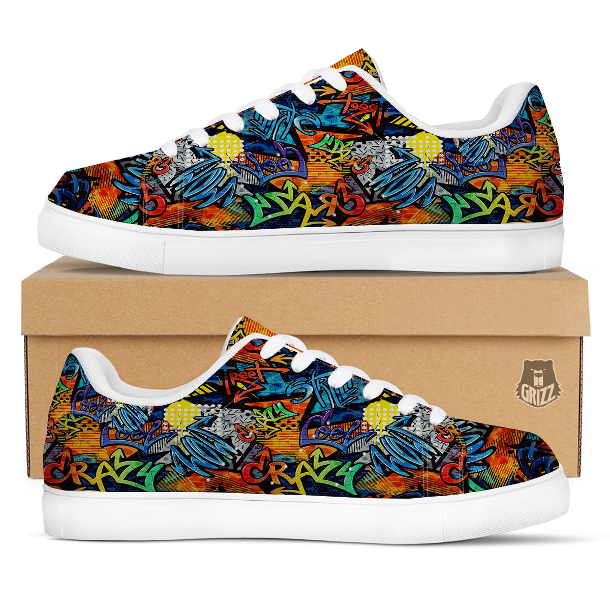 Graffiti Retro Print Pattern White Low Top Sneakers-grizzshop