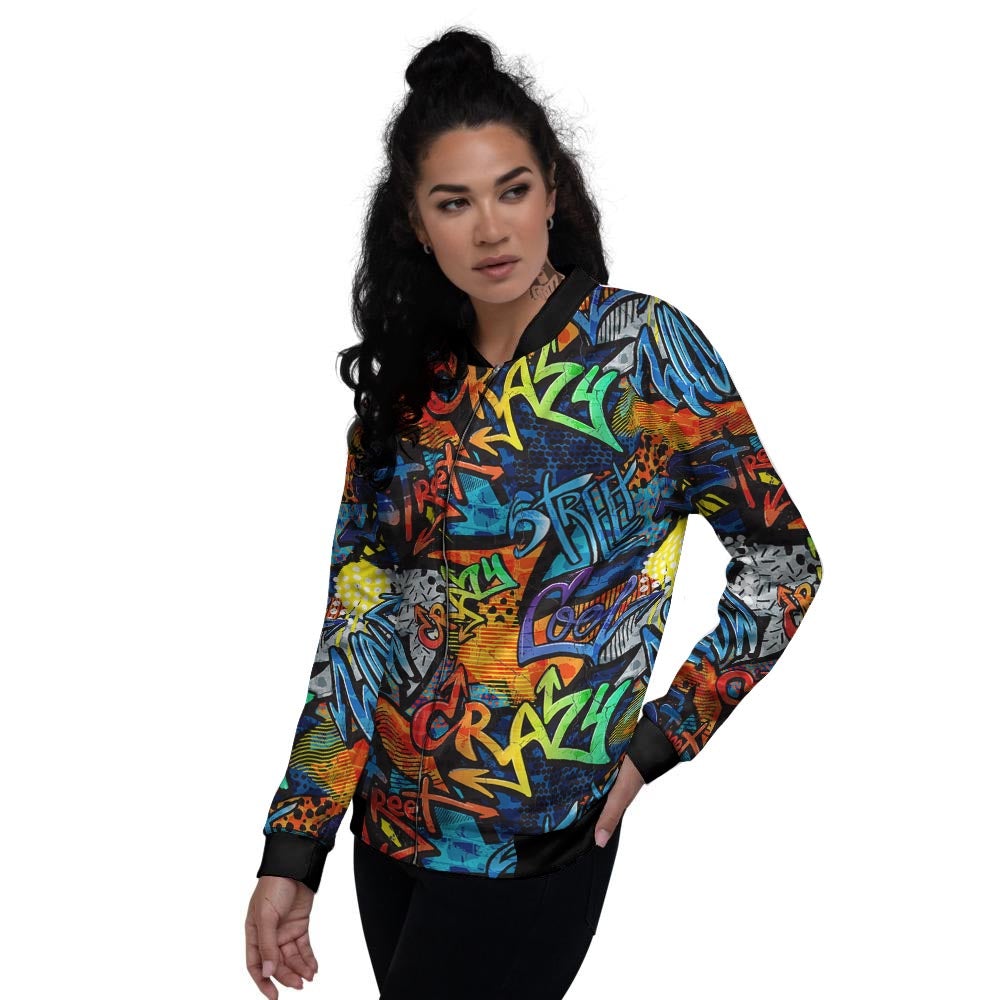 Graffiti Retro Print Pattern Women's Bomber Jacket-grizzshop