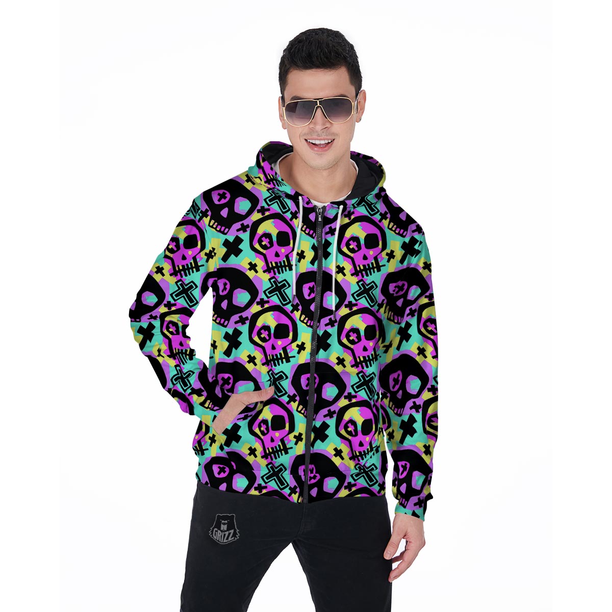 Graffiti Skull Men's Zip Up Hoodie-grizzshop