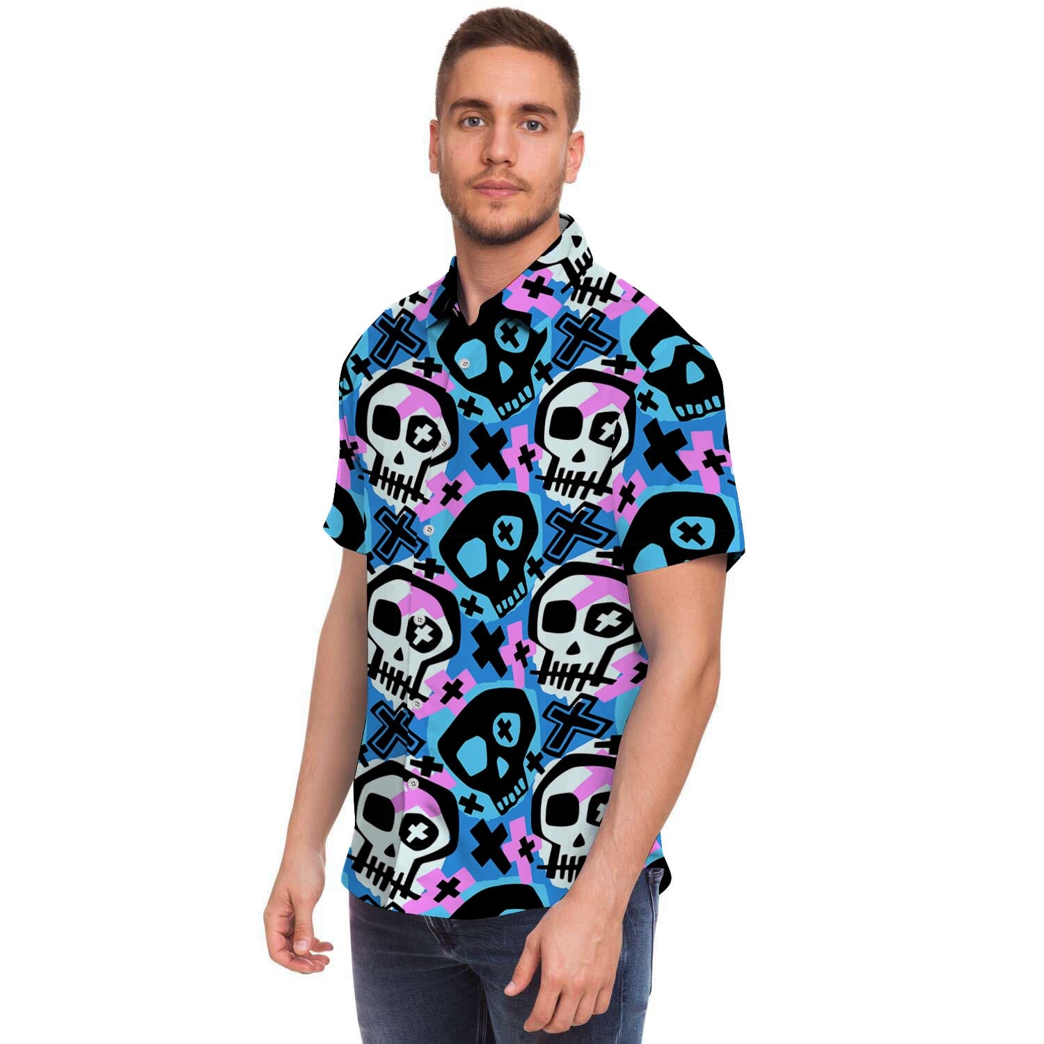 Graffiti Skull Print Men's Short Sleeve Shirt-grizzshop