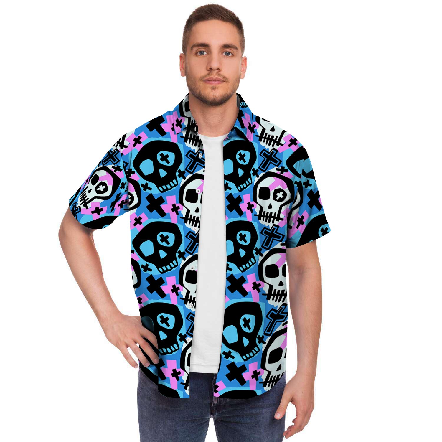 Graffiti Skull Print Men's Short Sleeve Shirt-grizzshop