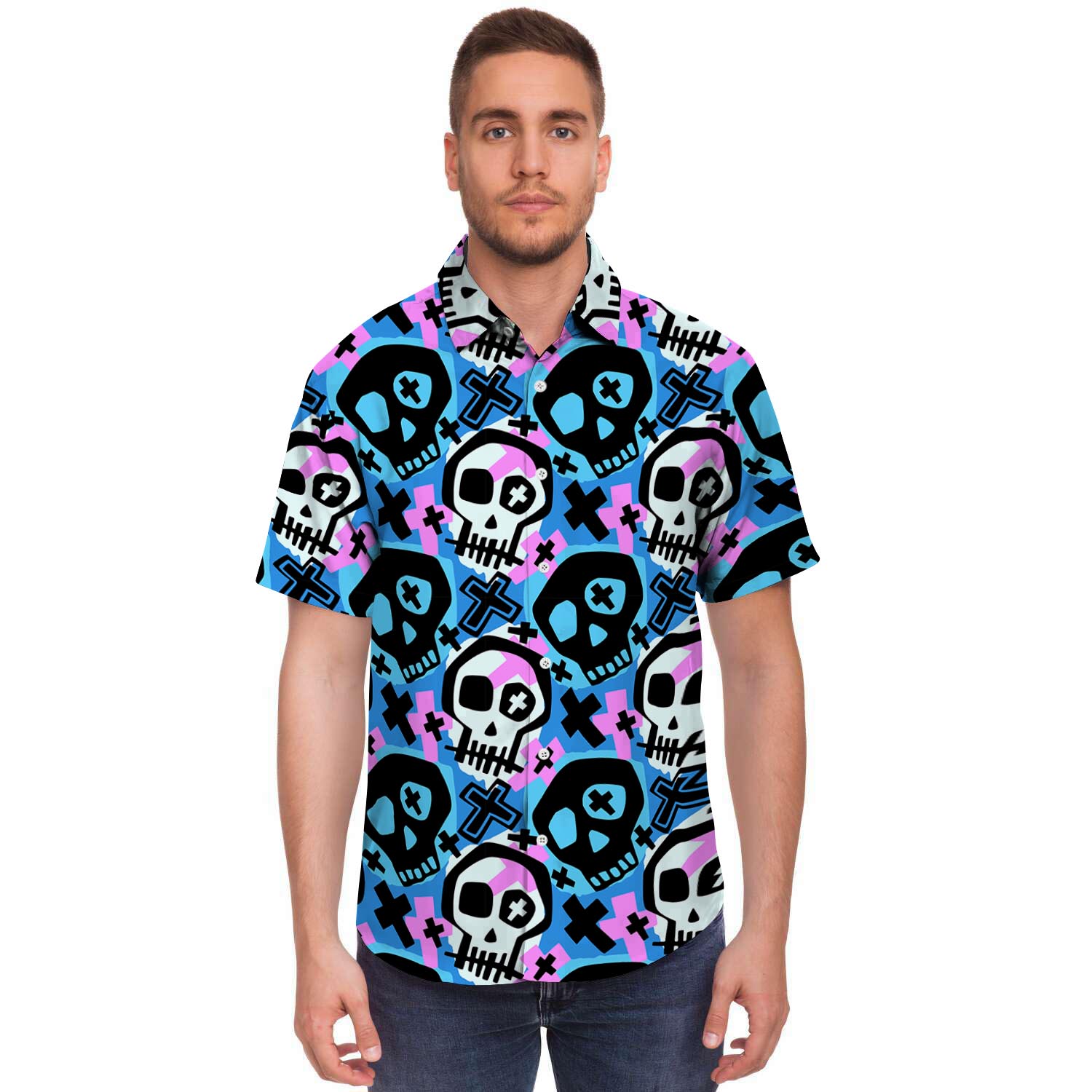 Graffiti Skull Print Men's Short Sleeve Shirt-grizzshop