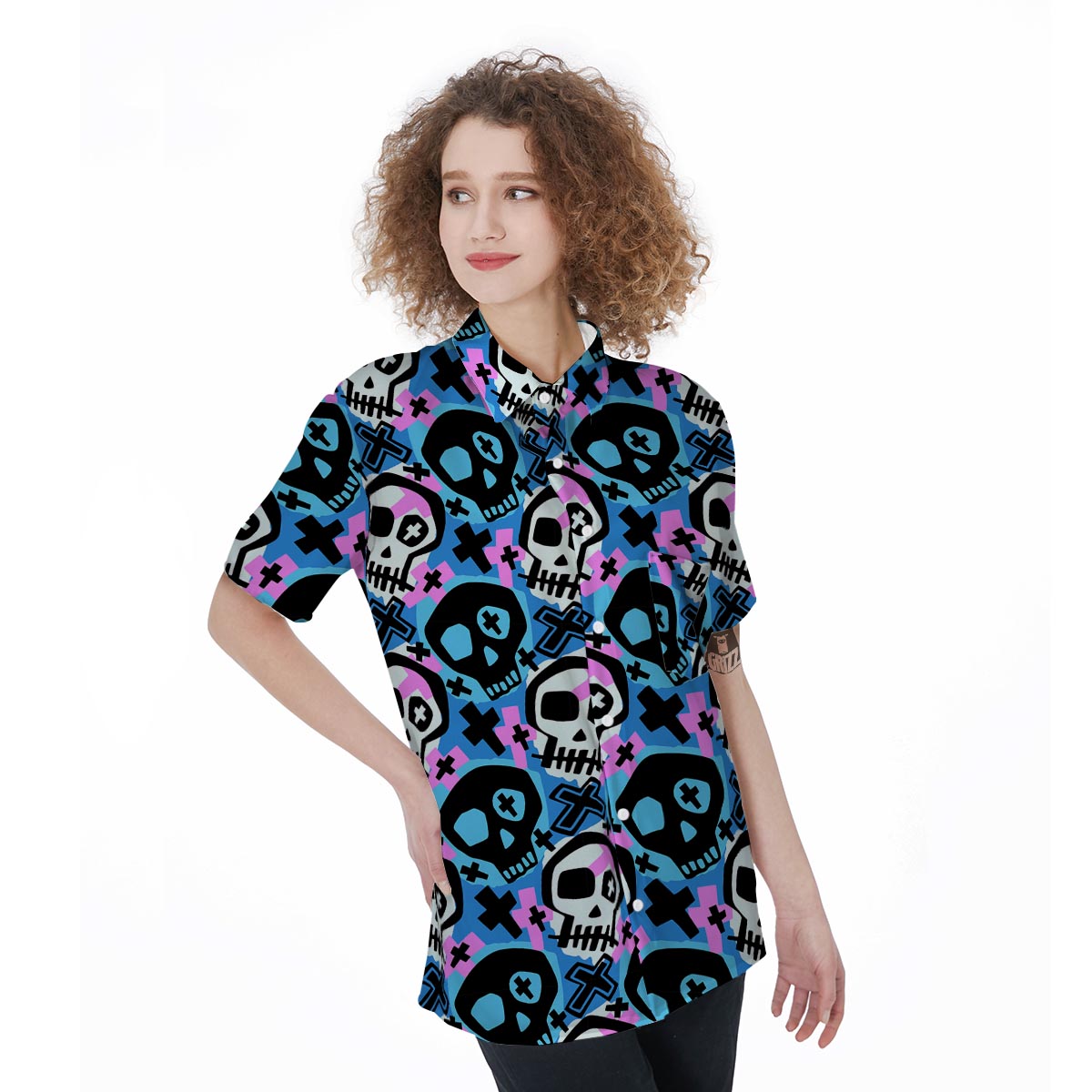 Graffiti Skull Print Women's Short Sleeve Shirts-grizzshop