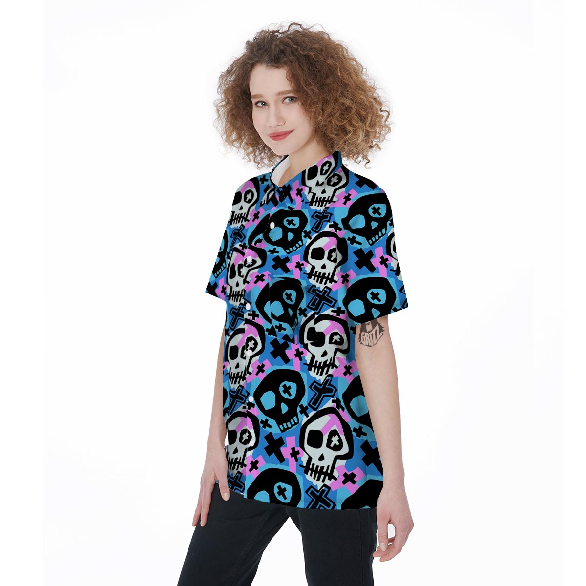 Graffiti Skull Print Women's Short Sleeve Shirts-grizzshop