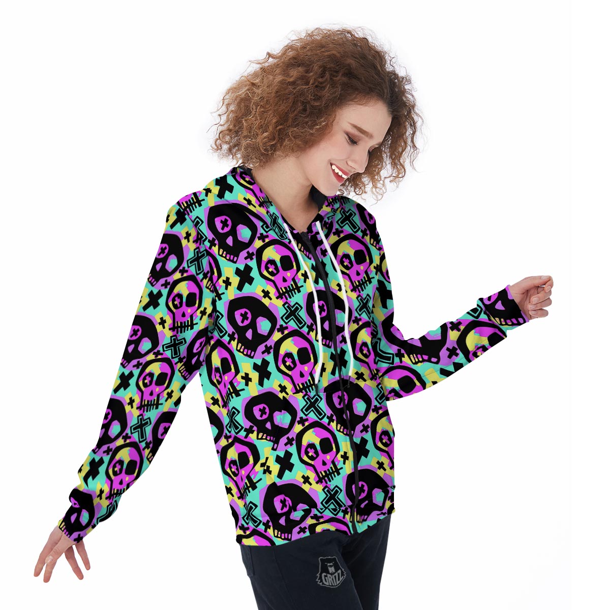 Graffiti Skull Women's Zip Up Hoodie-grizzshop