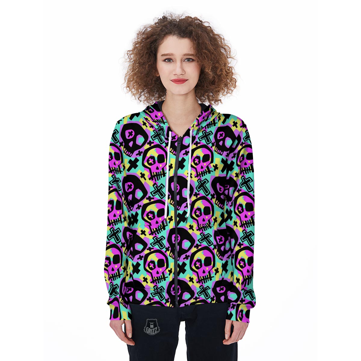 Graffiti Skull Women's Zip Up Hoodie-grizzshop