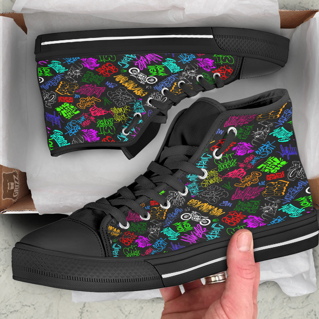 Graffiti Text Colorful Urban Elements Print Pattern Black High Top Shoes-grizzshop