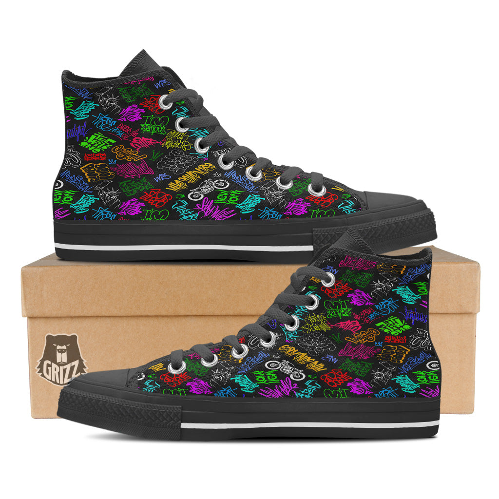 Graffiti Text Colorful Urban Elements Print Pattern Black High Top Shoes-grizzshop