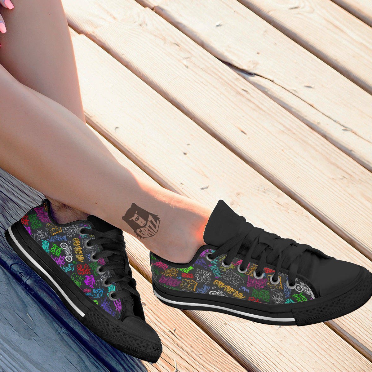 Graffiti Text Colorful Urban Elements Print Pattern Black Low Top Shoes-grizzshop