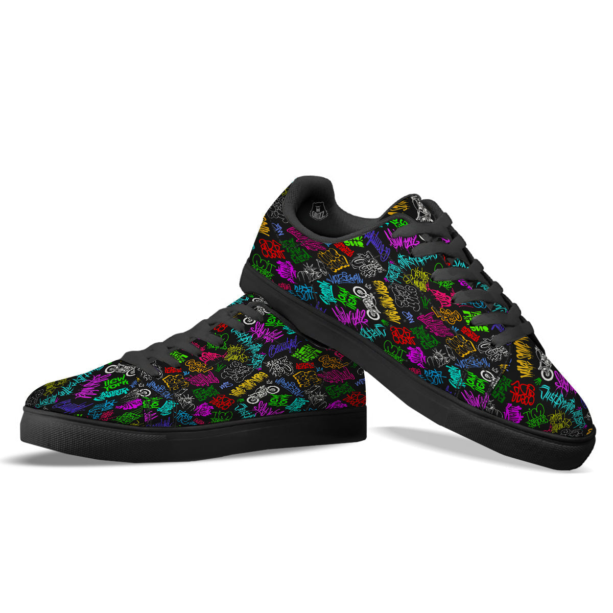 Graffiti Text Colorful Urban Elements Print Pattern Black Low Top Sneakers-grizzshop