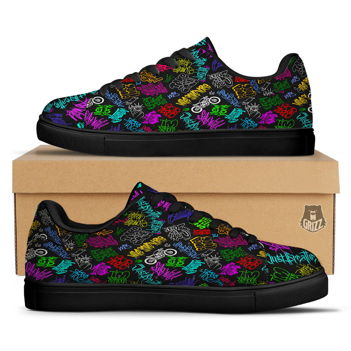 Graffiti Text Colorful Urban Elements Print Pattern Black Low Top Sneakers-grizzshop