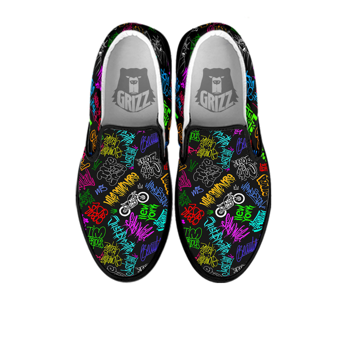 Graffiti Text Colorful Urban Elements Print Pattern Black Slip On Shoes-grizzshop