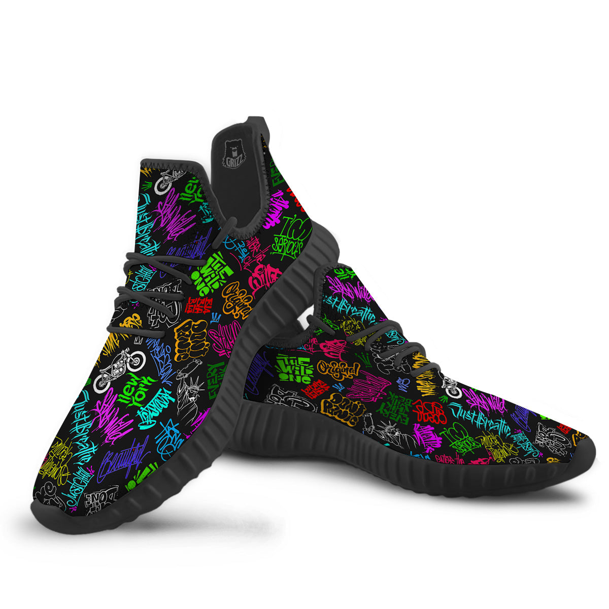 Graffiti Text Colorful Urban Elements Print Pattern Black Walking Shoes-grizzshop