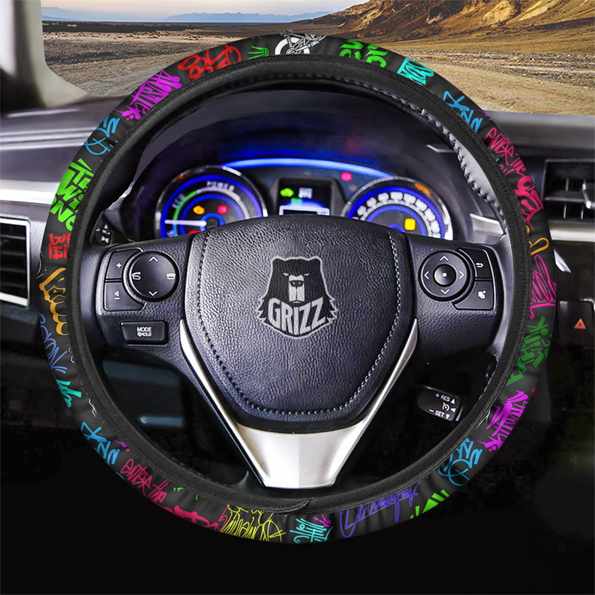 Graffiti Text Colorful Urban Elements Print Pattern Car Steering Wheel Cover-grizzshop