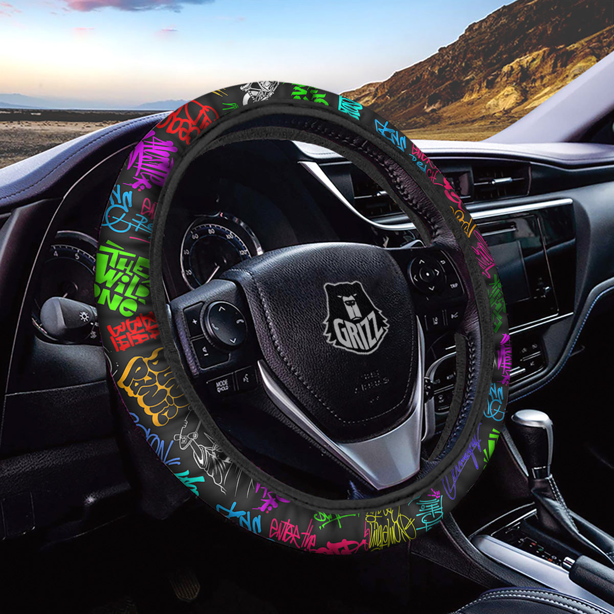 Graffiti Text Colorful Urban Elements Print Pattern Car Steering Wheel Cover-grizzshop