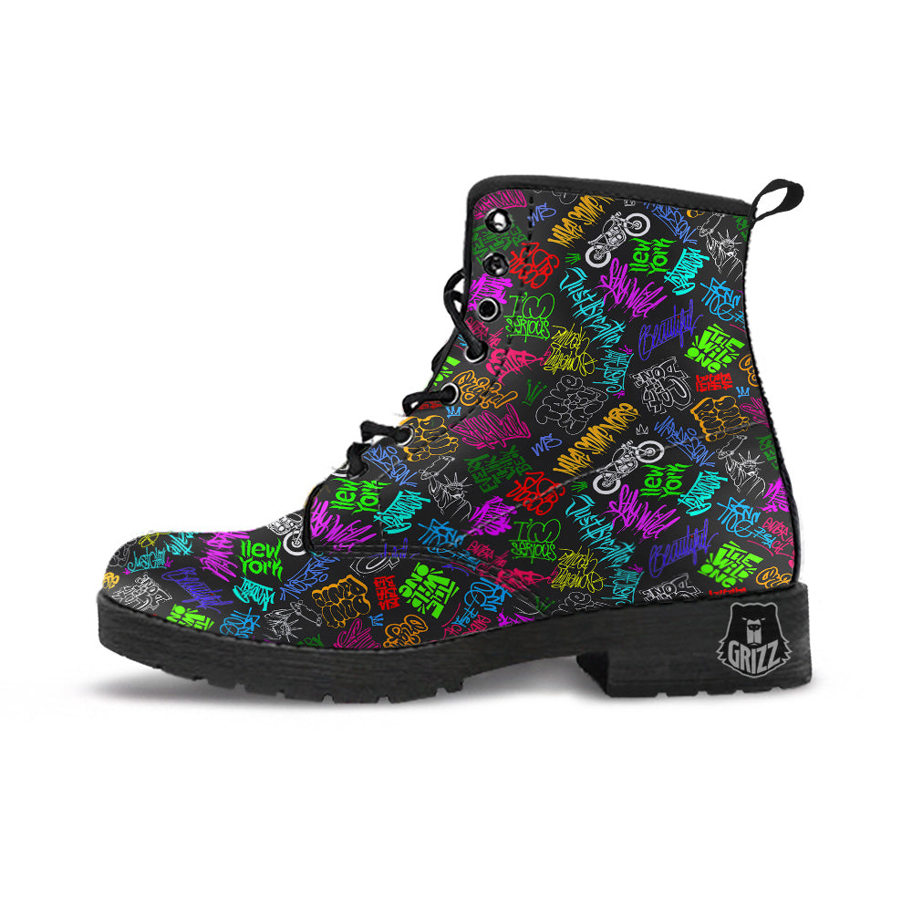 Graffiti Text Colorful Urban Elements Print Pattern Leather Boots-grizzshop