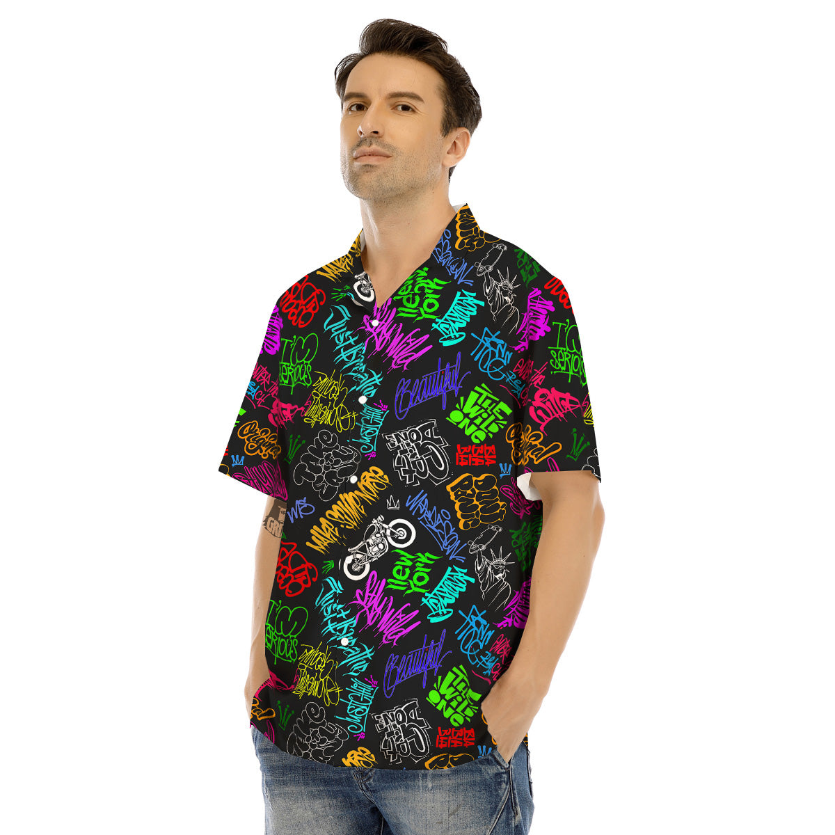 Graffiti Text Colorful Urban Elements Print Pattern Men's Hawaiian Shirt-grizzshop