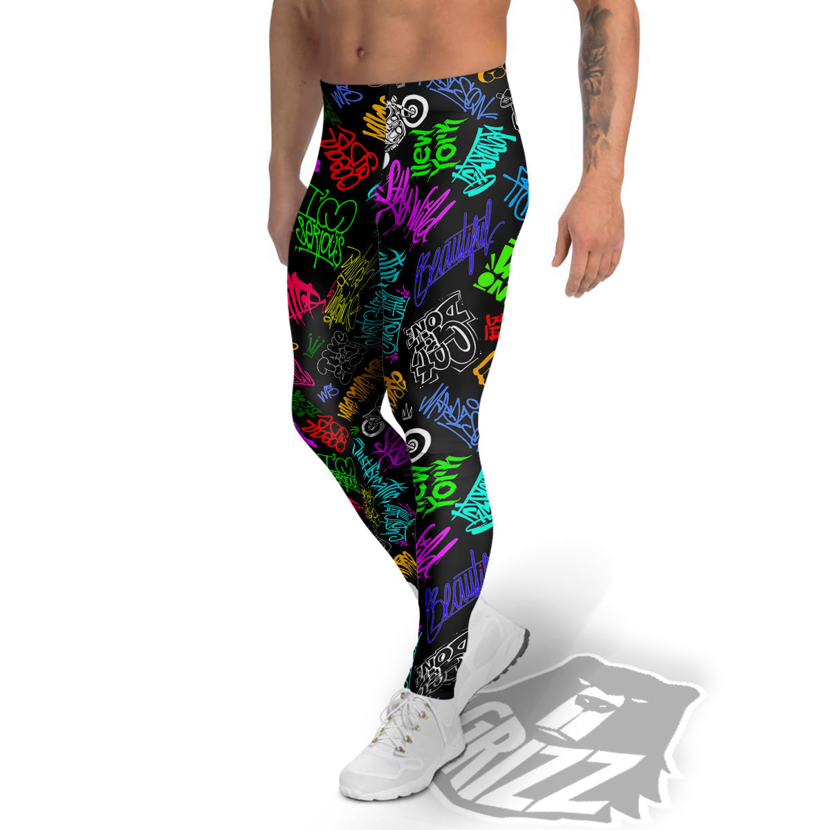 Graffiti Text Colorful Urban Elements Print Pattern Men's Leggings-grizzshop