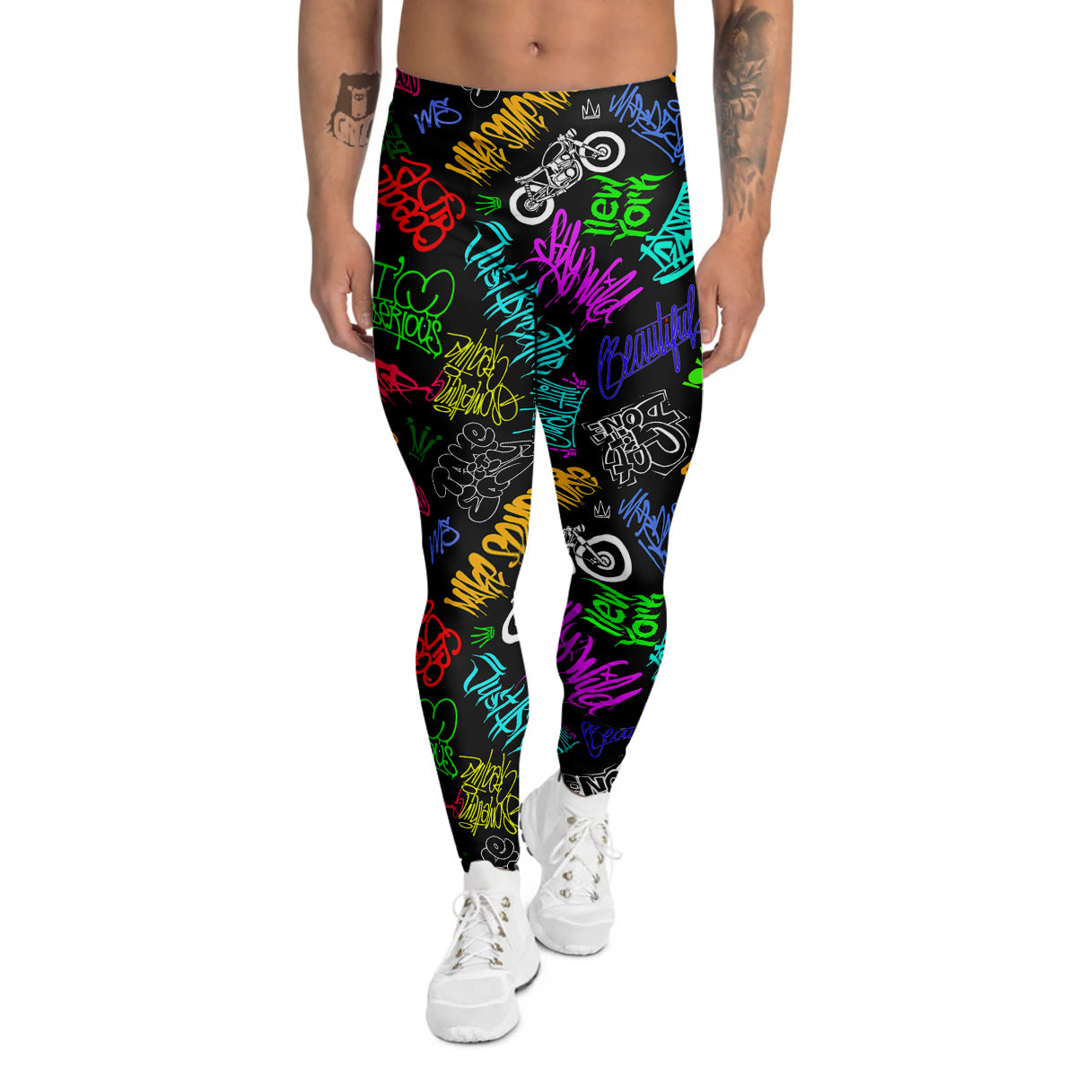 Graffiti Text Colorful Urban Elements Print Pattern Men's Leggings-grizzshop