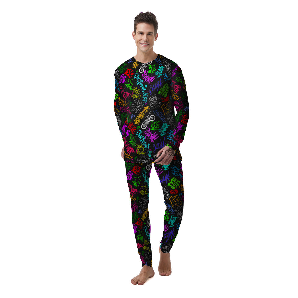 Graffiti Text Colorful Urban Elements Print Pattern Men's Pajamas-grizzshop