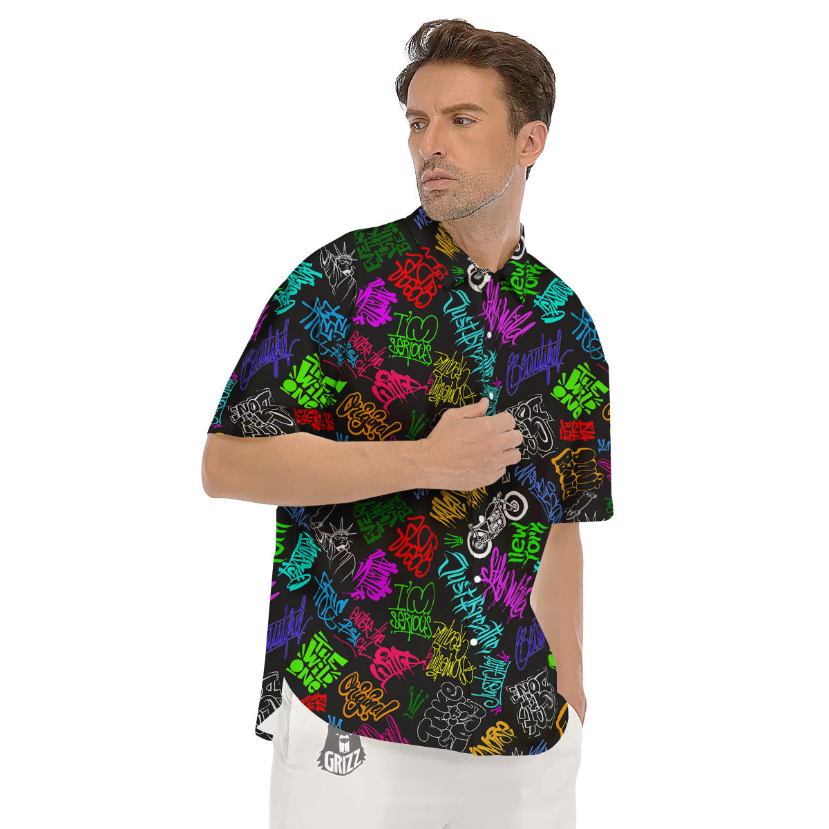 Graffiti Text Colorful Urban Elements Print Pattern Men's Short Sleeve Shirts-grizzshop