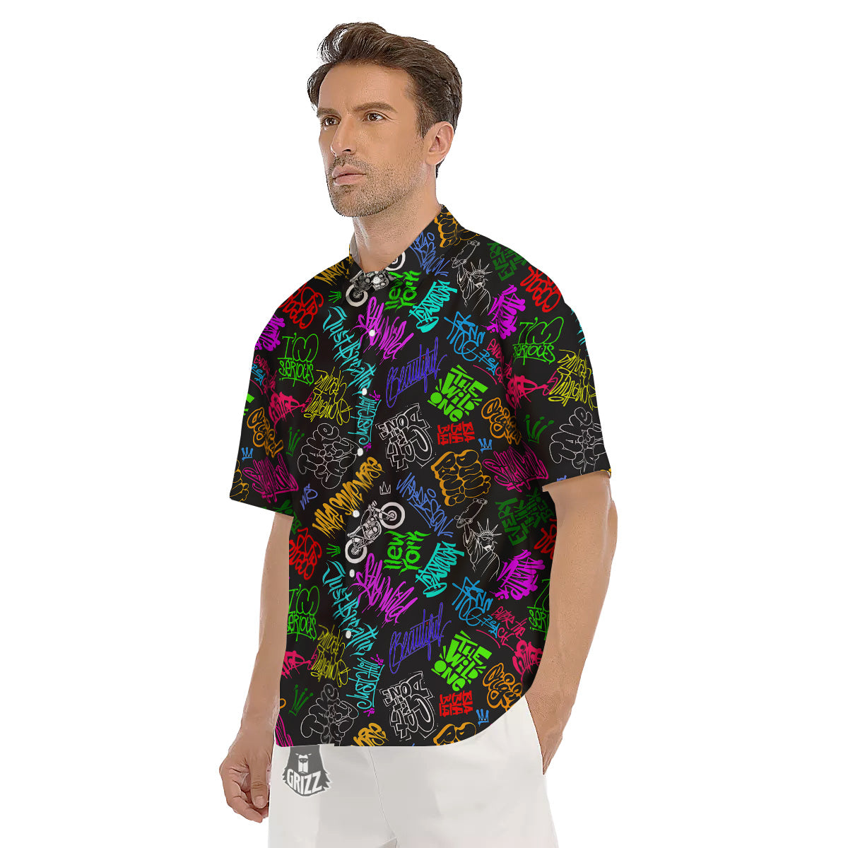 Graffiti Text Colorful Urban Elements Print Pattern Men's Short Sleeve Shirts-grizzshop