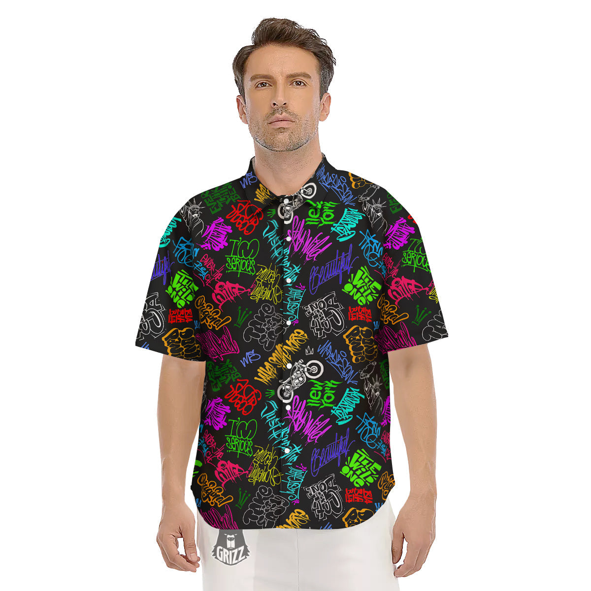 Graffiti Text Colorful Urban Elements Print Pattern Men's Short Sleeve Shirts-grizzshop