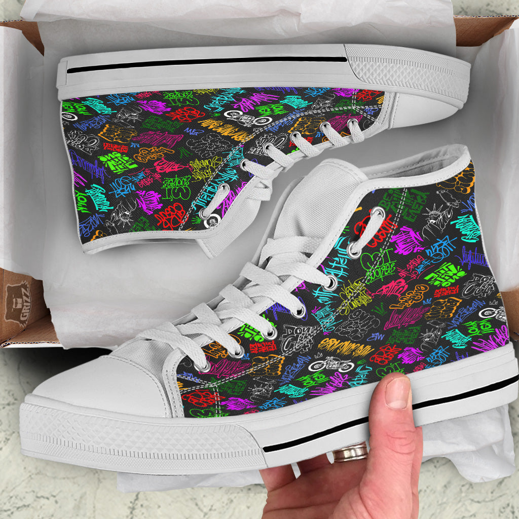 Graffiti Text Colorful Urban Elements Print Pattern White High Top Shoes-grizzshop