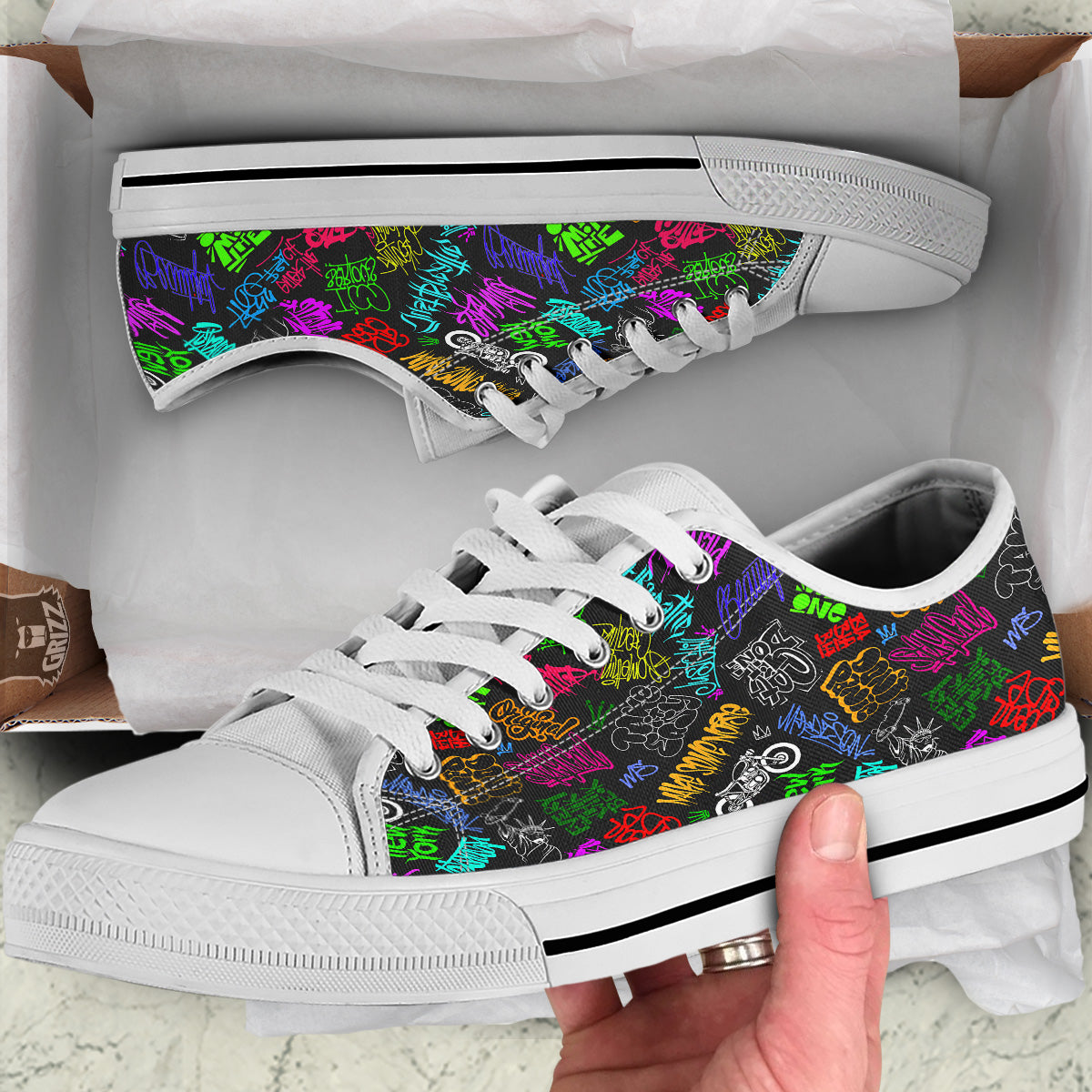 Graffiti Text Colorful Urban Elements Print Pattern White Low Top Shoes-grizzshop