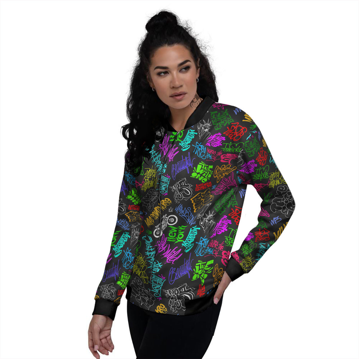Graffiti Text Colorful Urban Elements Print Pattern Women's Bomber Jacket-grizzshop