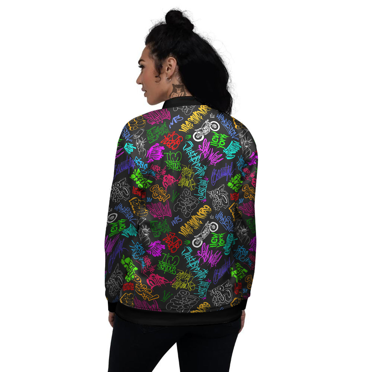 Graffiti Text Colorful Urban Elements Print Pattern Women's Bomber Jacket-grizzshop