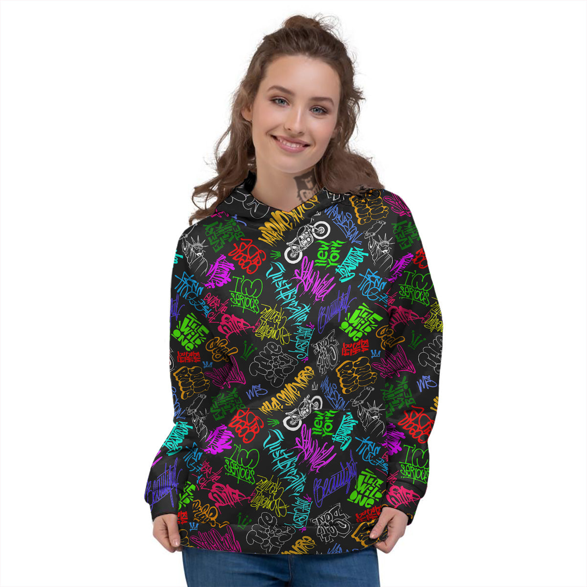 Graffiti Text Colorful Urban Elements Print Pattern Women's Hoodie-grizzshop