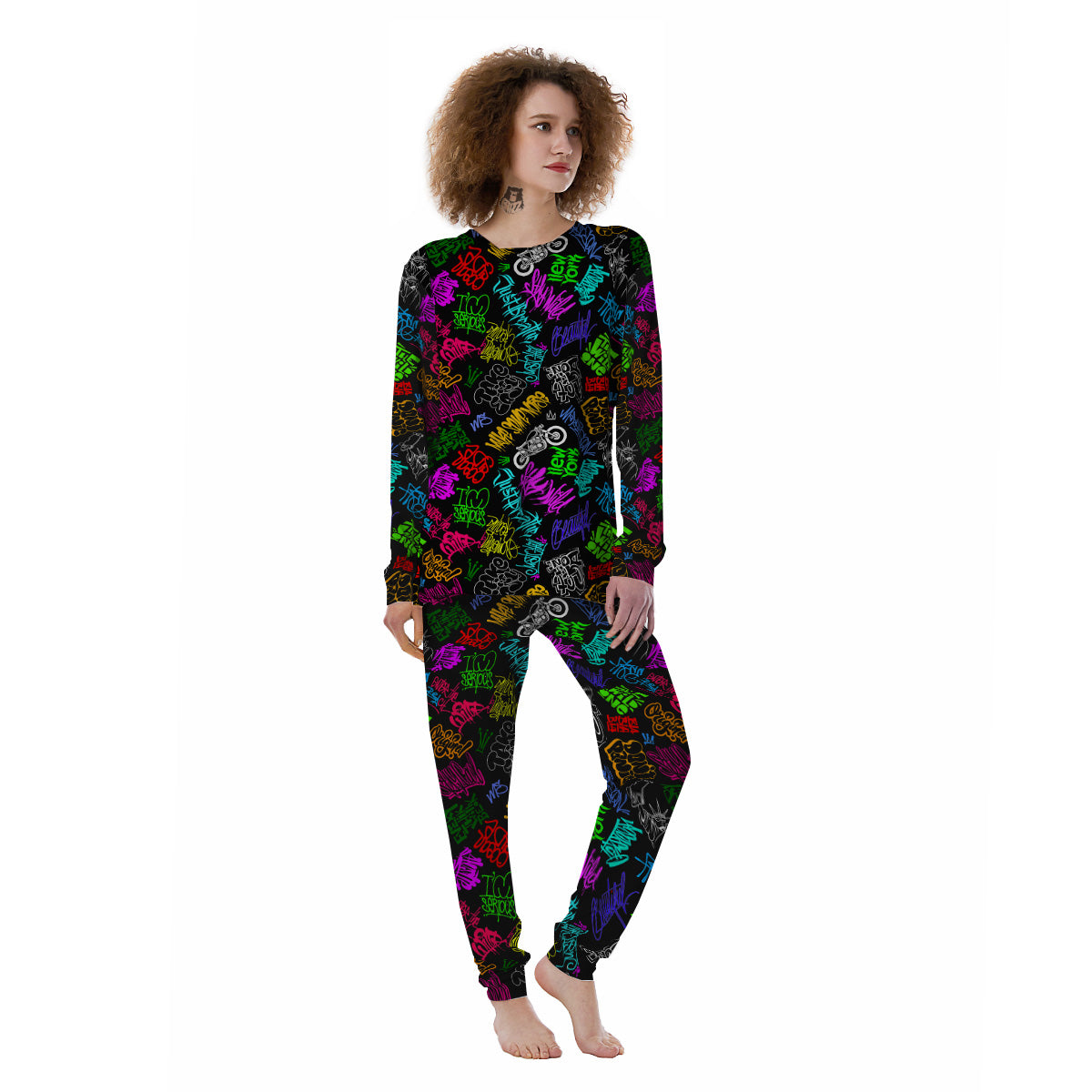 Graffiti Text Colorful Urban Elements Print Pattern Women's Pajamas-grizzshop
