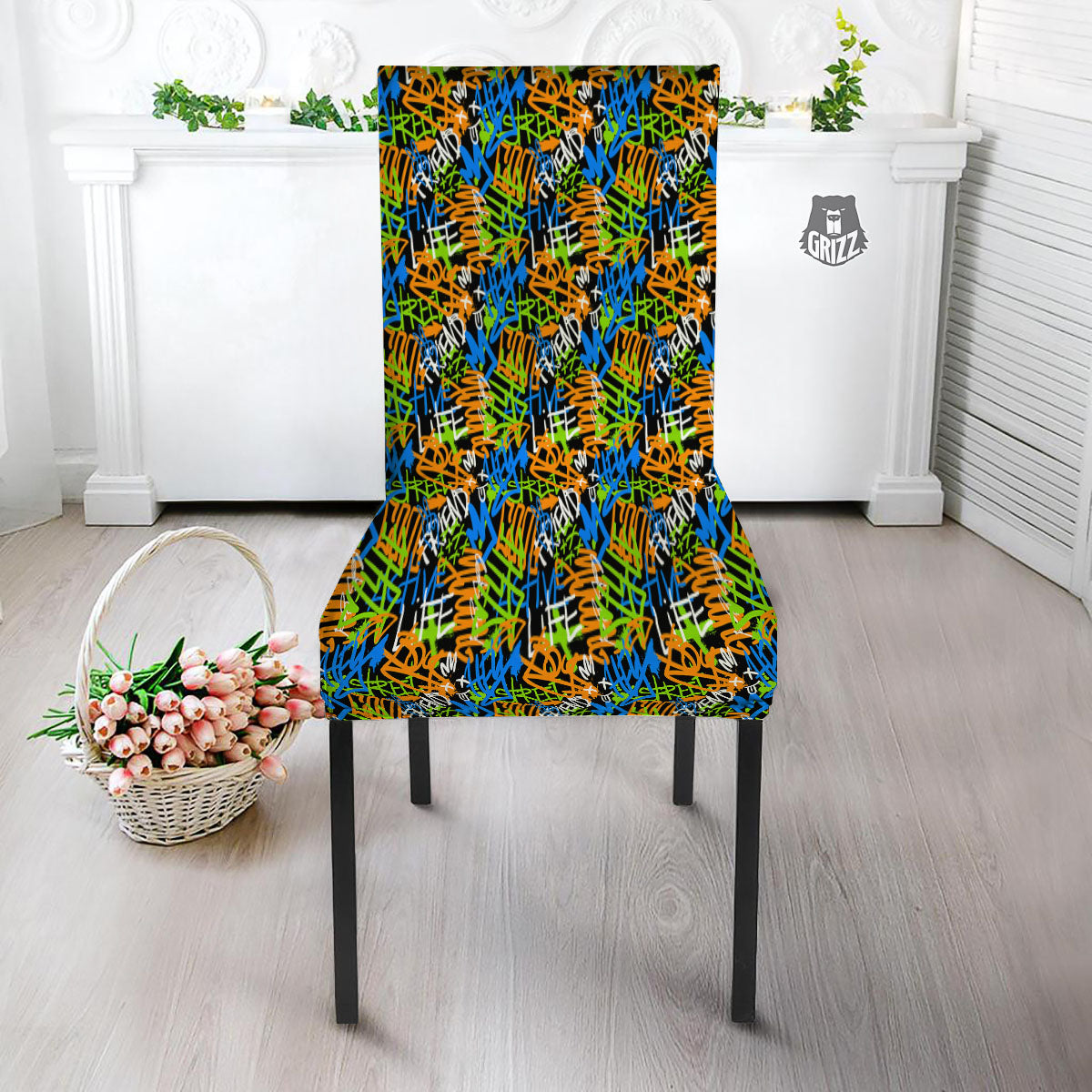 Graffiti Text Print Pattern Dining Chair Slipcover-grizzshop