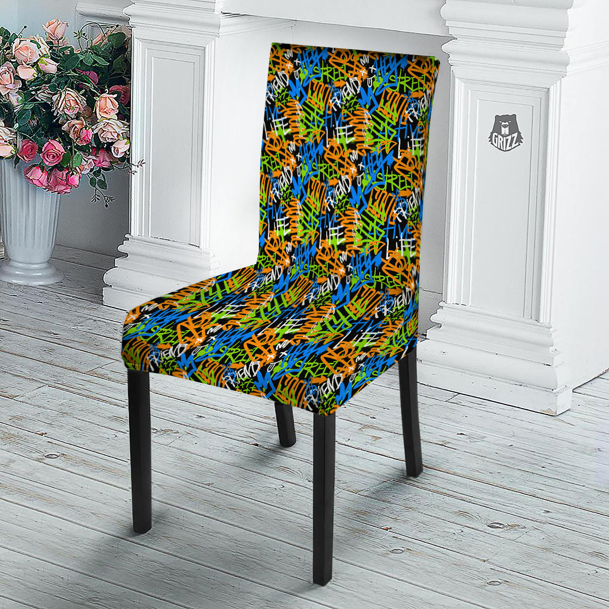 Graffiti Text Print Pattern Dining Chair Slipcover-grizzshop