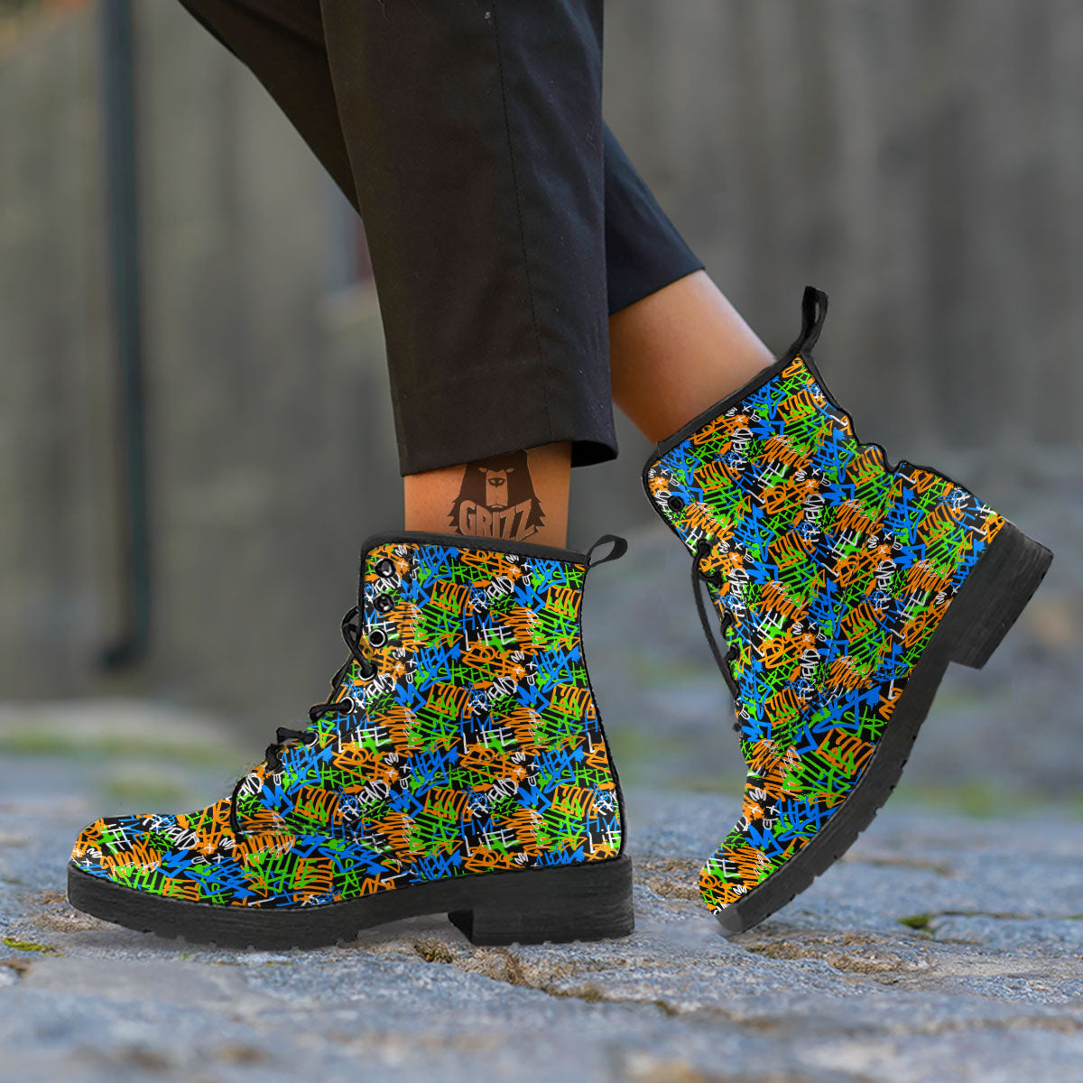 Graffiti Text Print Pattern Leather Boots-grizzshop