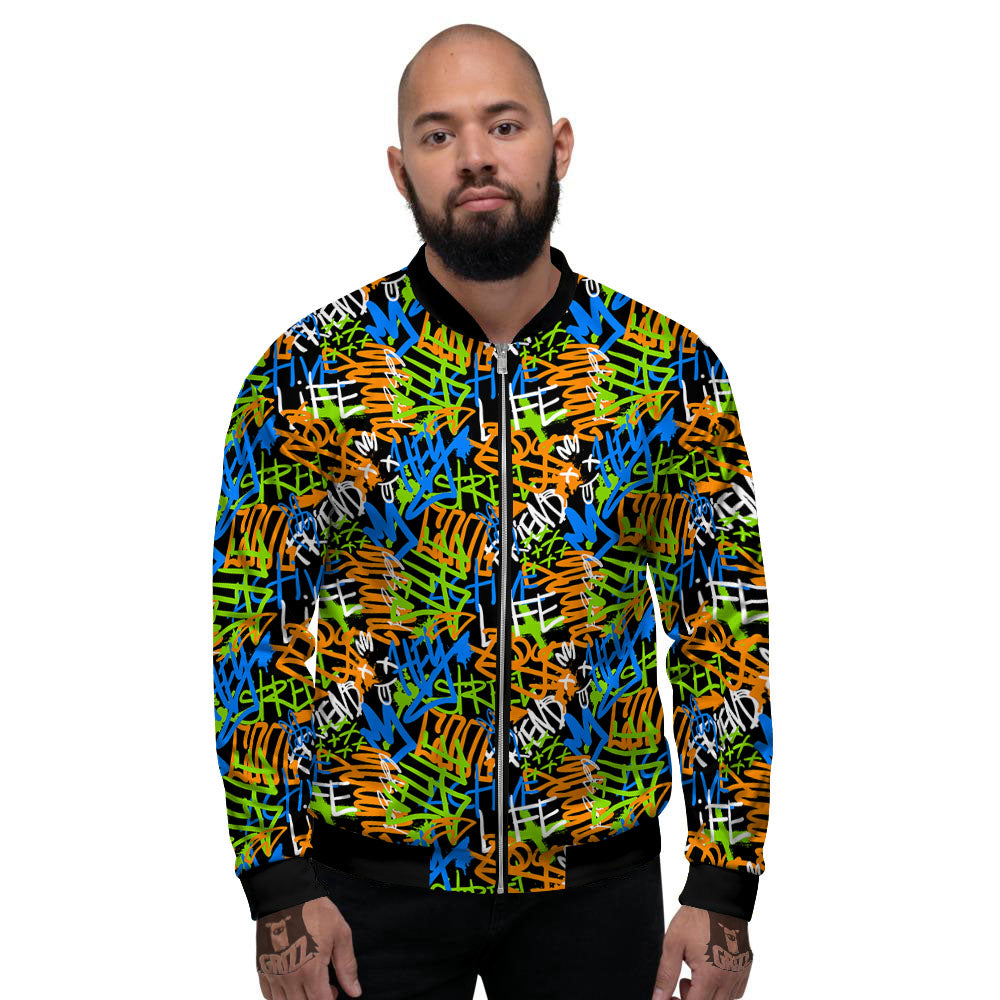 Graffiti Text Print Pattern Men's Bomber Jacket-grizzshop