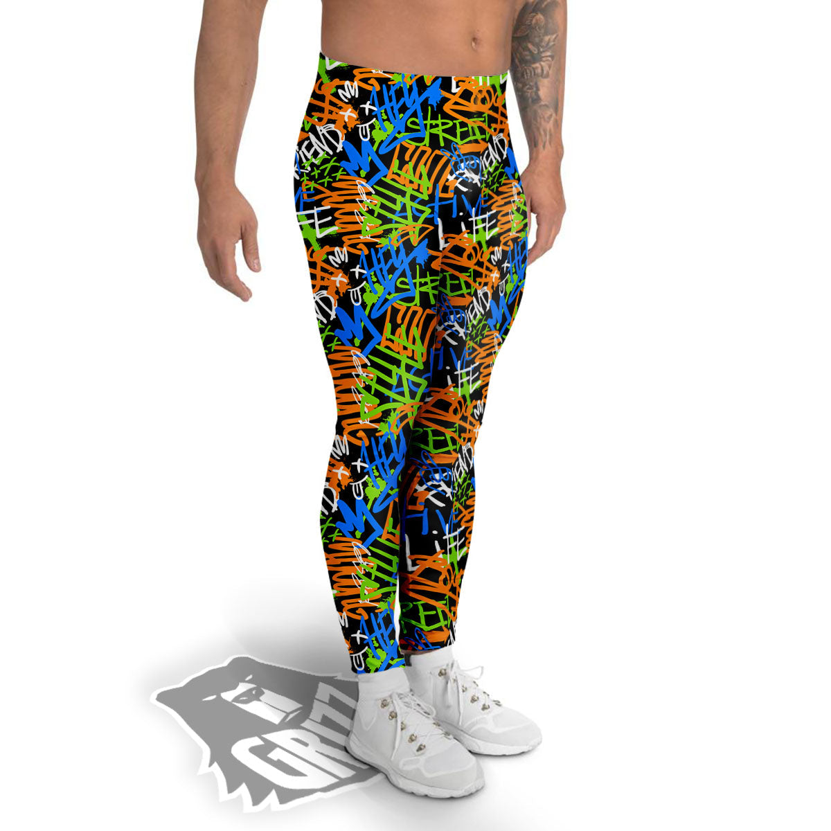 Graffiti Text Print Pattern Men's Leggings-grizzshop