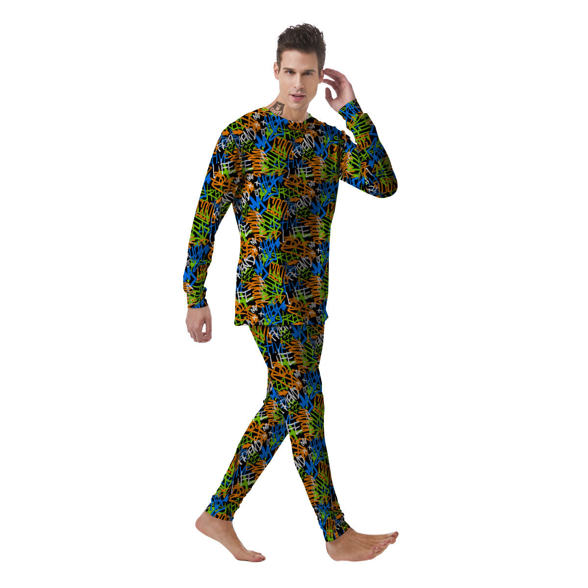 Graffiti Text Print Pattern Men's Pajamas-grizzshop