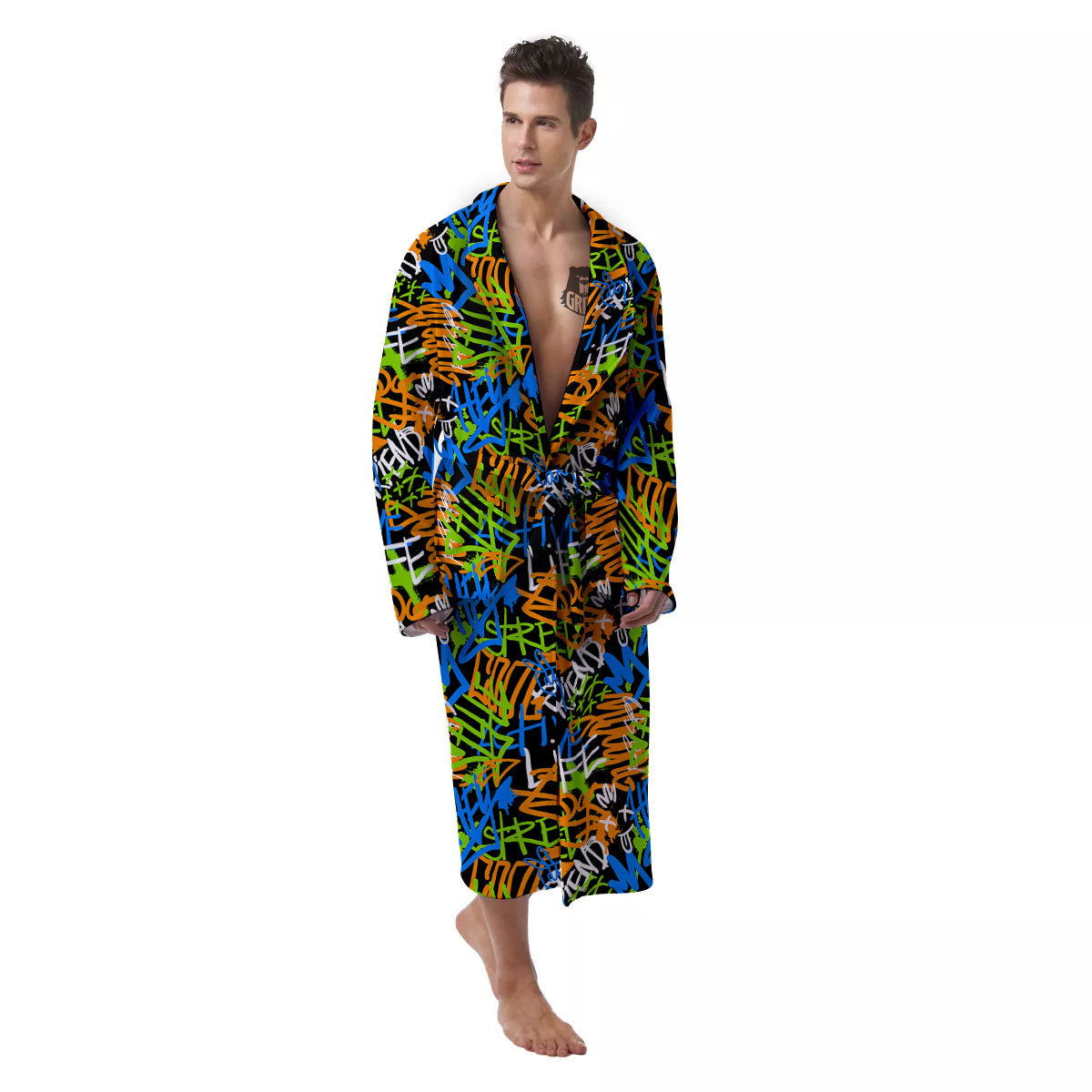 Graffiti Text Print Pattern Men's Robe-grizzshop