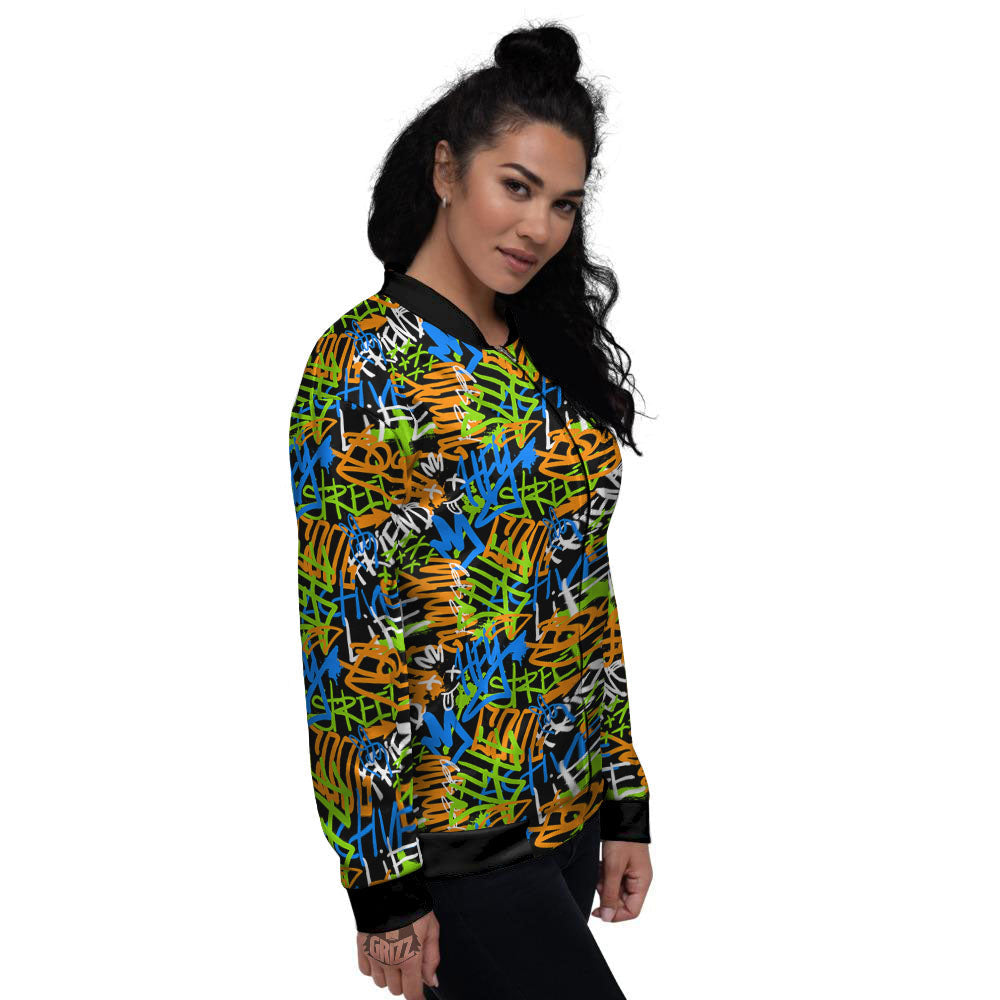 Graffiti Text Print Pattern Women's Bomber Jacket-grizzshop