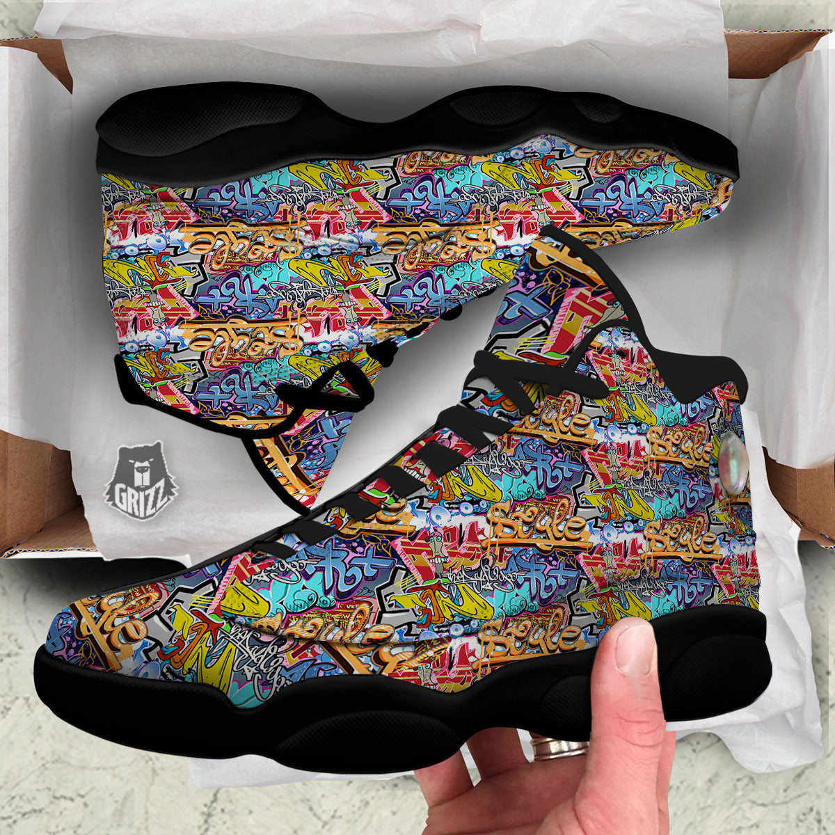 Graffiti Wall Print Black Basketball Shoes-grizzshop