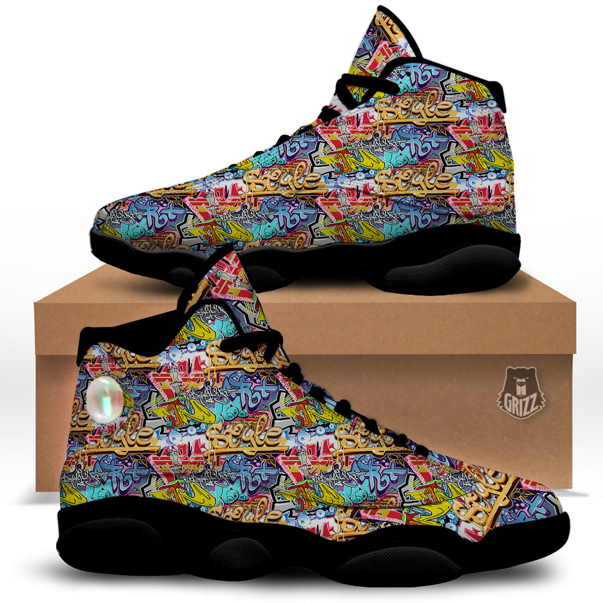 Graffiti Wall Print Black Basketball Shoes-grizzshop