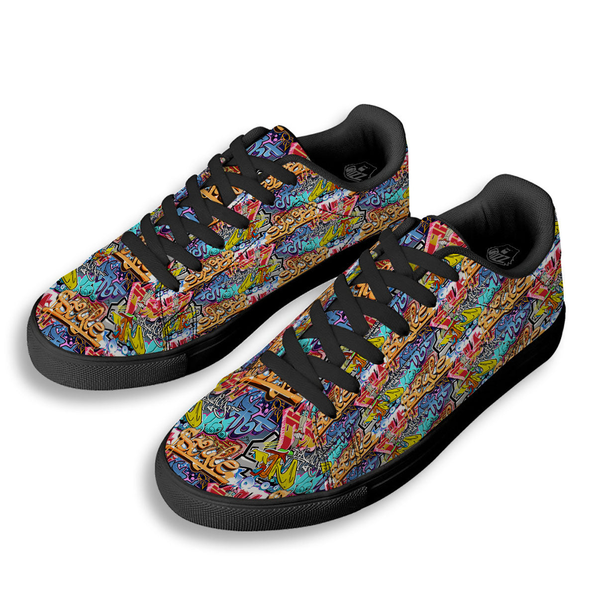 Graffiti Wall Print Black Low Top Sneakers-grizzshop