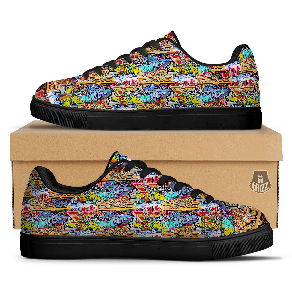Graffiti Wall Print Black Low Top Sneakers-grizzshop