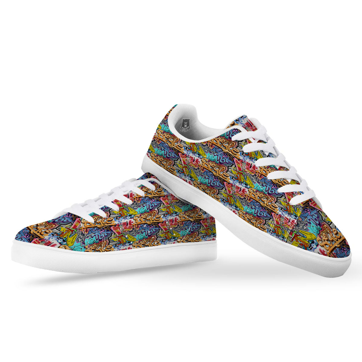 Graffiti Wall Print White Low Top Sneakers-grizzshop